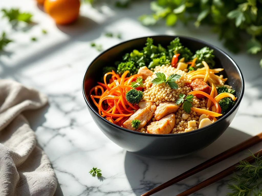 Zwarte kom met kleurrijke Aziatische maaltijd van groenten, eiwit en granen op wit marmer met eetstokjes