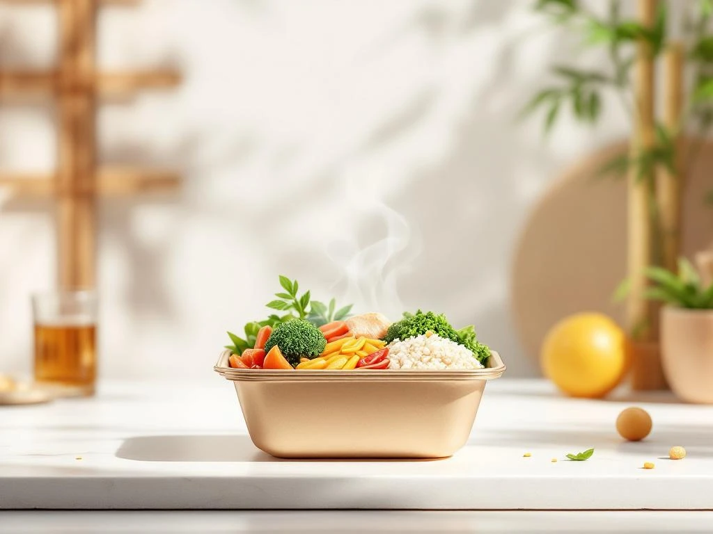 gezonde-aziatische-maaltijd-diepvries-voeding.jpg Bevroren maaltijdcontainer met kleurrijke Aziatische ingrediënten en stoom op witte ondergrond met bamboe-elementen