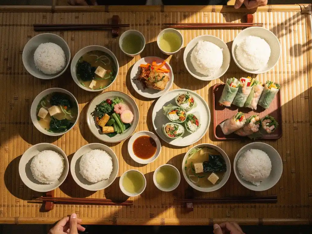 Welke dranken en bijgerechten passen bij een Aziatische lunch voor 10 personen?