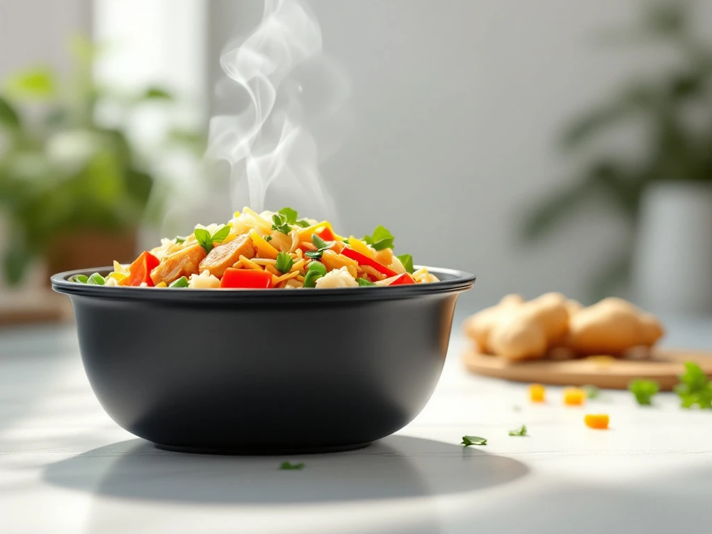 aziatische-maaltijd-magnetron-container-verse-groenten.jpg Zwarte magnetronbestendige container met kleurrijke Aziatische roergebakken groenten, rijst en vlees op witte ondergrond