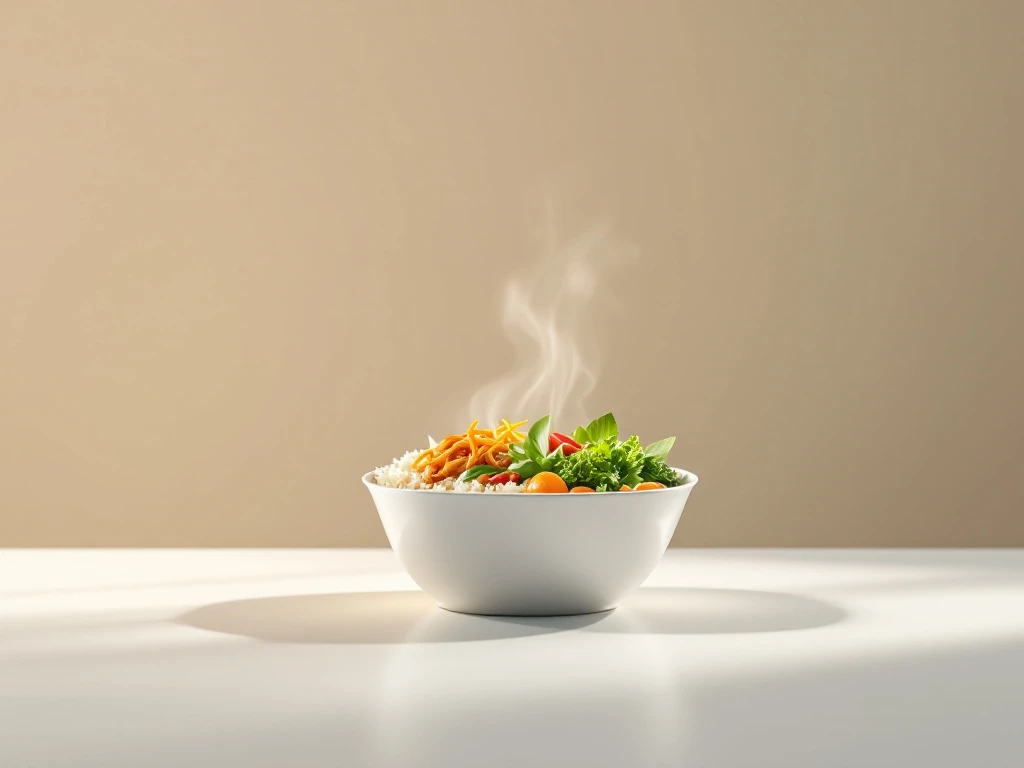 gezonde-aziatische-maaltijd-container-verse-ingredienten.jpg Elegante maaltijdcontainer met kleurrijke Aziatische gezonde voeding, rijst, groenten en proteïne op witte ondergrond