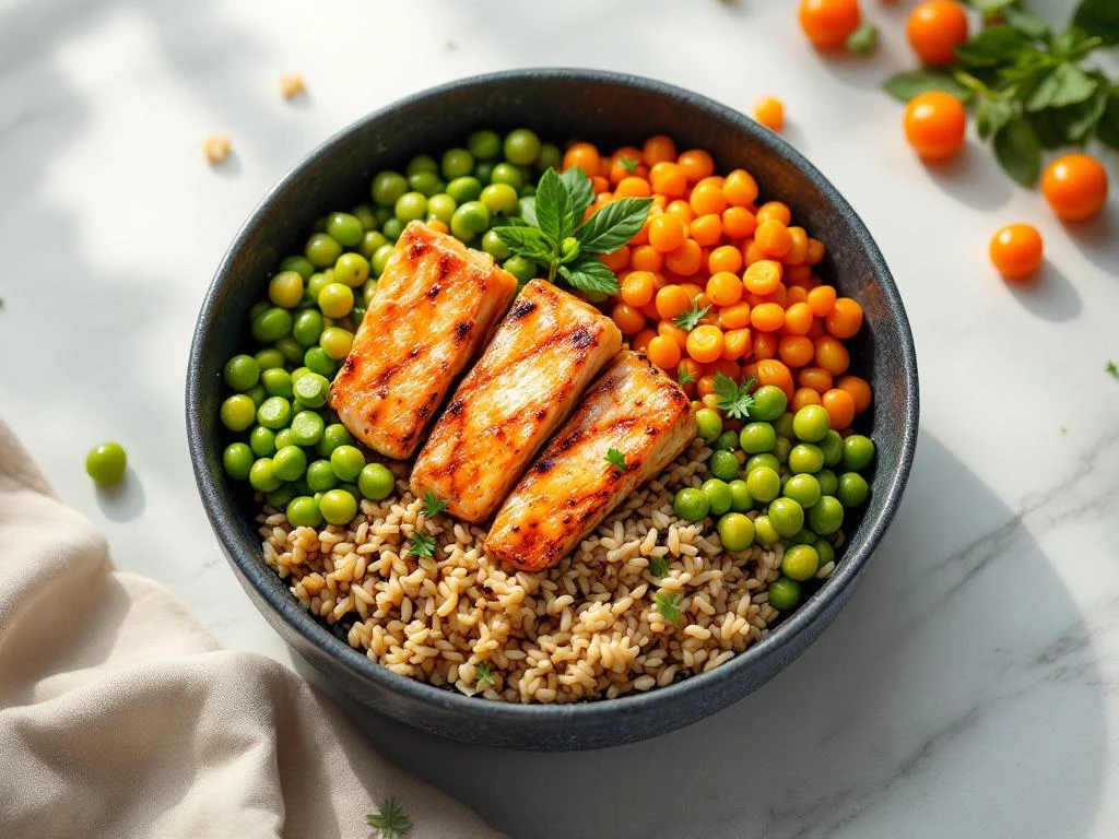 Zwarte kom met Aziatische sportmaaltijd: bruine rijst, gegrilde kip, edamame en worteltjes op witte ondergrond