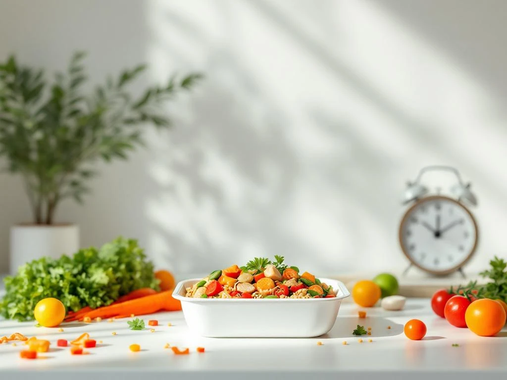 Bevroren maaltijdcontainer omringd door verse Aziatische ingrediënten zoals groenten, eiwitten en granen op wit oppervlak