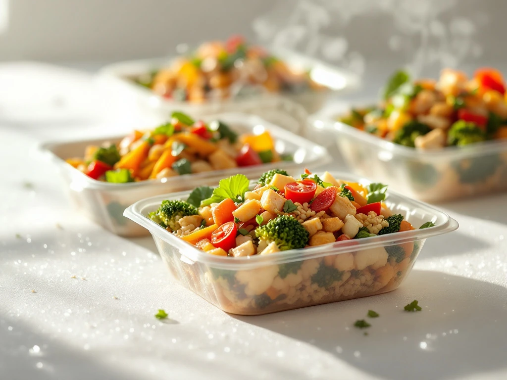 gezonde-bevroren-maaltijden-aziatisch-voedsel.jpg Bevroren maaltijdcontainers met kleurrijke Aziatische gerechten op witte ondergrond, stoom stijgt op uit geopende verpakking