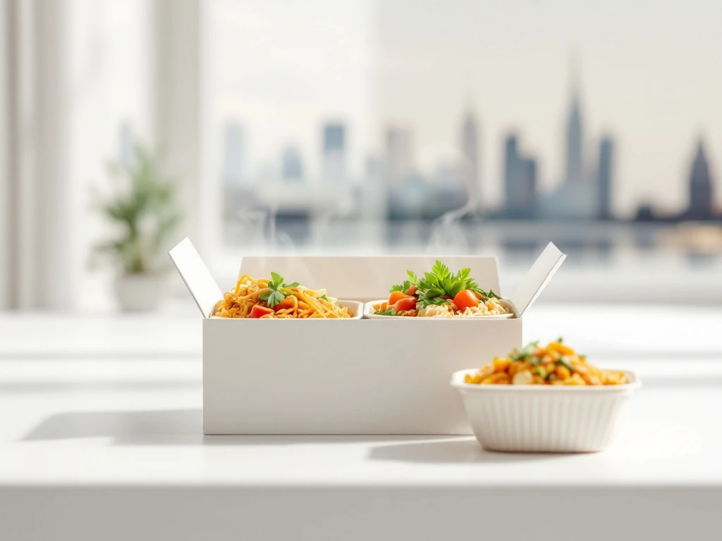 maaltijdbox-bezorging-amsterdam-rotterdam-gezond.jpg Witte bezorgdoos met kleurrijke Aziatische diepvriesmaaltijden, stoom rijst op, Nederlandse steden op achtergrond