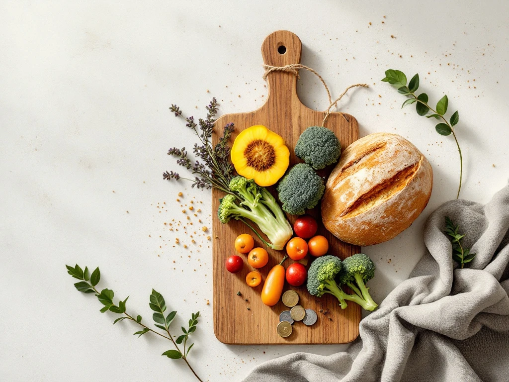 betaalbaar-gezond-eten-klein-budget-groenten.jpg Betaalbare, gezonde ingrediënten op een houten snijplank met daarnaast een portemonnee met munten, verbonden door een subtiele lijn die budgetvriendelijk eten symboliseert.