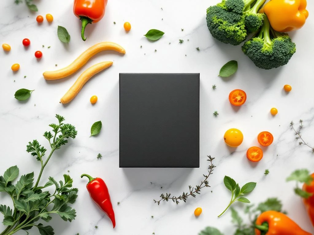 diepvriesverpakking-gezonde-groenten-minimalistisch.jpg Zwarte diepvriesverpakking omringd door verse groenten, bamboe eetstokjes op witte achtergrond met natuurlijke verlichting