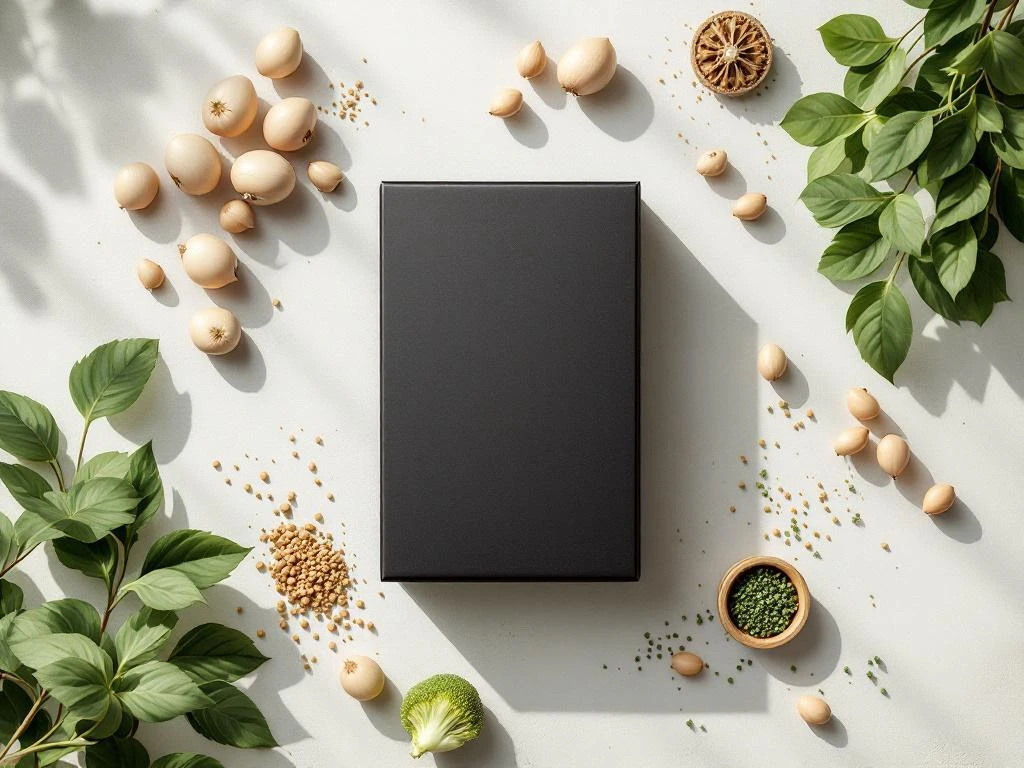 Zwarte diepvriesverpakking met warme stoom en verse Oosterse ingrediënten zoals bamboescheuten en sojabonen op witte achtergrond