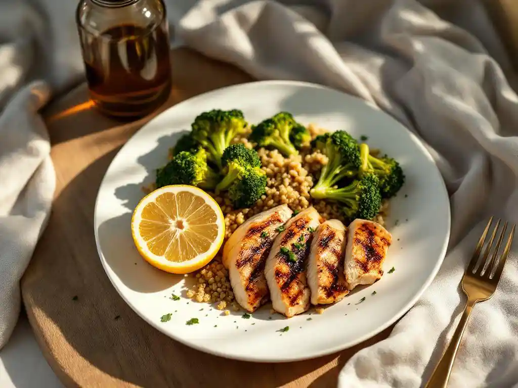 Eiwitrijke maaltijd met gegrilde kip, broccoli en quinoa op witte bord naast waterfles op houten tafel
