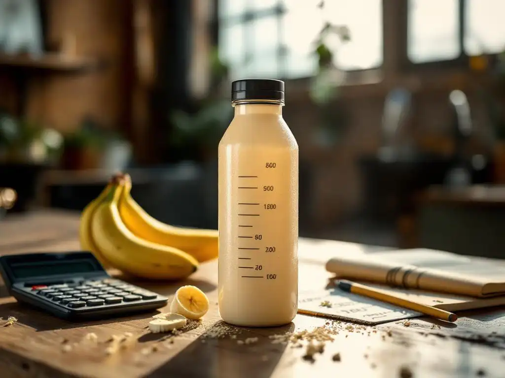 Proteïne shake fles met meetmarkering op houten toonbank, omringd door bananen en eiwit poeder in sportschool