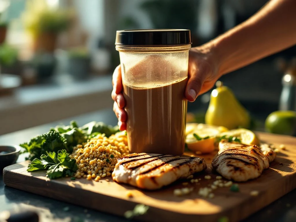 eiwit-shaker-whey-poeder-voeding-keuken.jpg Hand houdt eiwitshaker met chocolade whey boven houten plank met gegrilde kip, quinoa en groenten in keuken