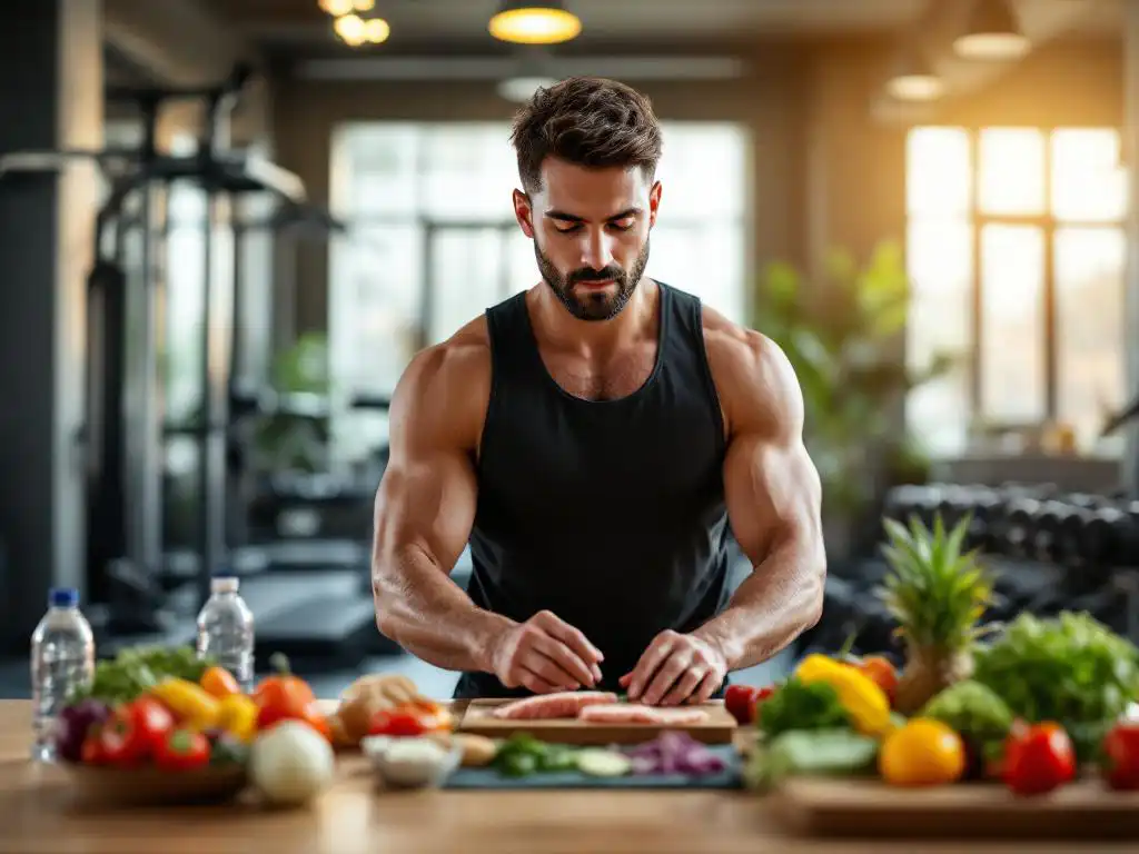 fitness-instructeur-voeding-groenten-sportschool.jpg Fitness instructeur toont gezonde voeding met verse groenten en eiwitten op houten tafel in moderne sportschool