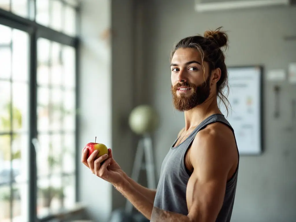 Fitness trainer houdt appel vast en wijst naar voedingsadvies grafiek in moderne sportschool met natuurlijk licht