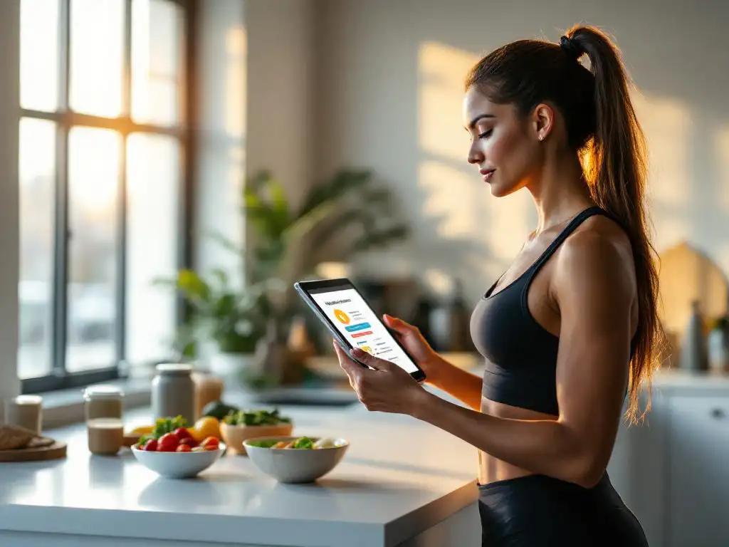 Fitness enthusiast bekijkt voedingsonderzoek op tablet in moderne gymkeuken met gezonde maaltijden en shakes
