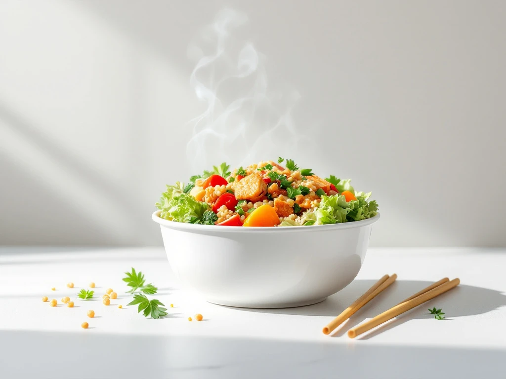 gezonde-aziatische-maaltijd-magnetron-container.jpg Witte magnetronbestendige bak met kleurrijke Aziatische maaltijd van groenten, eiwit en granen op witte ondergrond