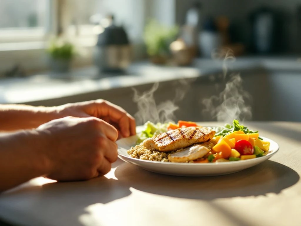 Gebalanceerde maaltijd met gegrilde kip, quinoa en groenten op wit bord naast fitness tracker op keukentafel