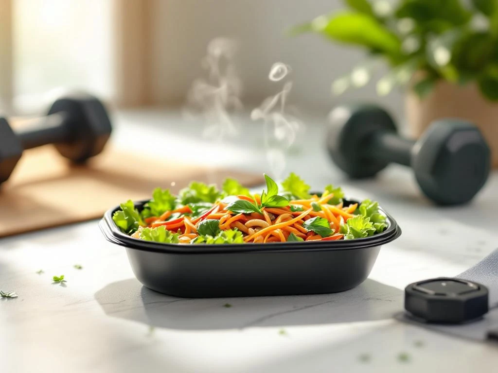 Zwarte maaltijdcontainer met kleurrijke Aziatische groenten op witte ondergrond, fitnessapparatuur op achtergrond