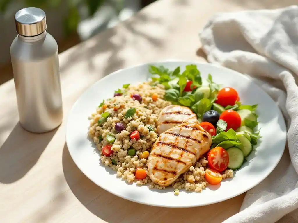 Gezonde maaltijd met gegrilde kip, quinoasalade en groenten op witte bord naast waterfles en sporthanddoek op houten tafel