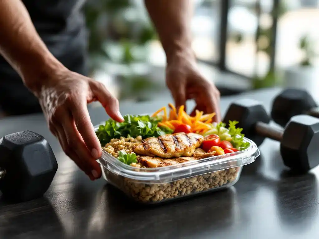 Gezonde maaltijdprep met gegrilde kip, quinoa en groenten naast dumbbells op sportschool balie