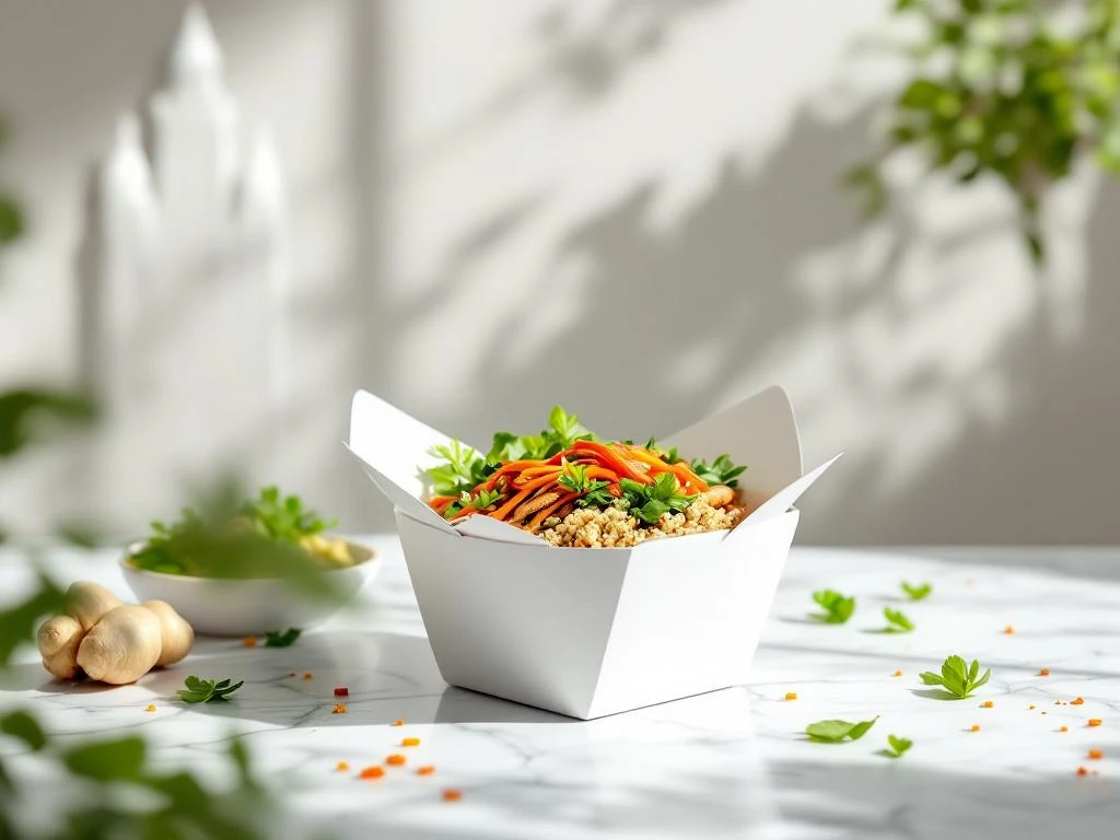 Witte afhaalcontainer met gezonde Aziatische maaltijd van quinoa, gegrilde kip en groenten op marmeren ondergrond