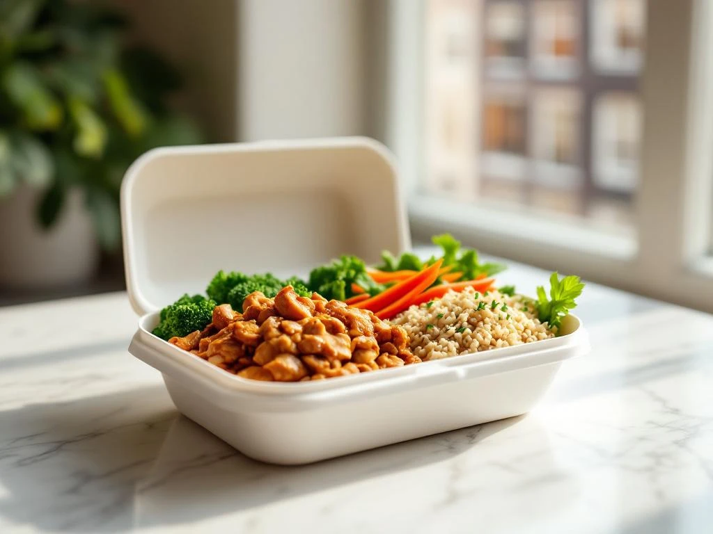 Witte maaltijdcontainer met teriyaki kip, gestoomde groenten en bruine rijst op marmeren oppervlak, Amsterdam op achtergrond