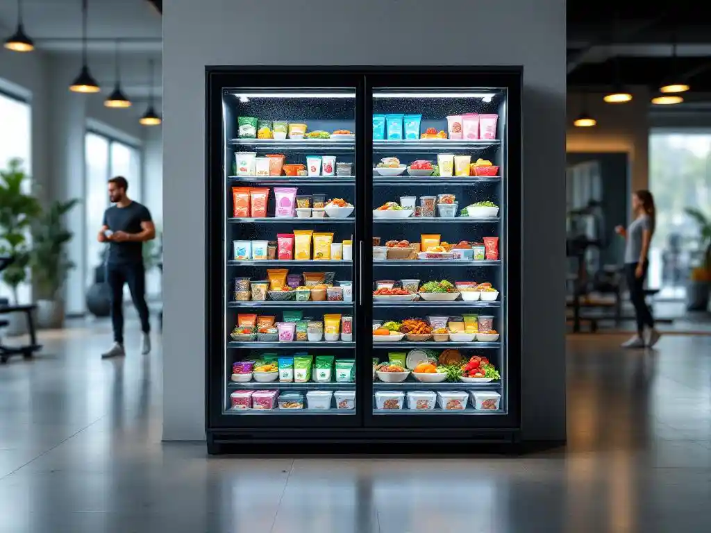 Glazen koelvitrine met gezonde maaltijden en eiwitpotten in moderne sportschool, leden bekijken het aanbod