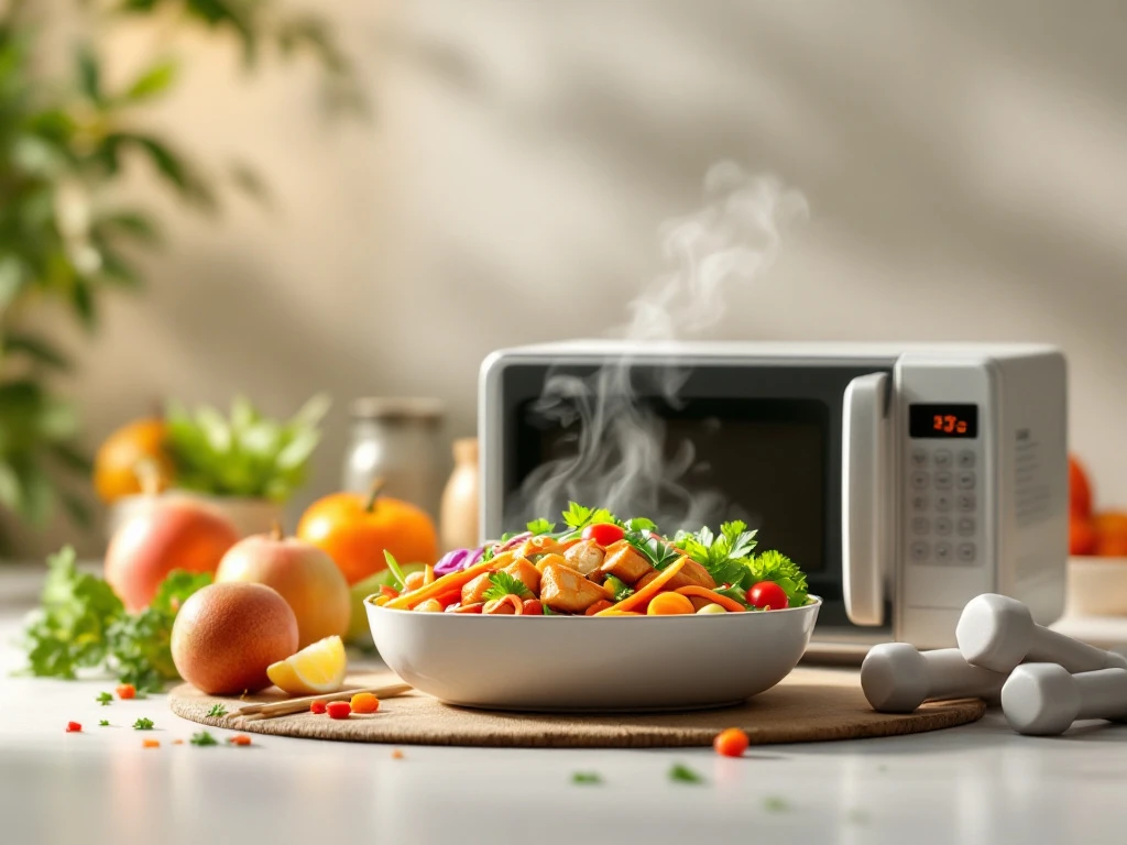 Moderne magnetronmaaltijd met verse Aziatische ingrediënten en stoom, fitnessaccessoires op achtergrond