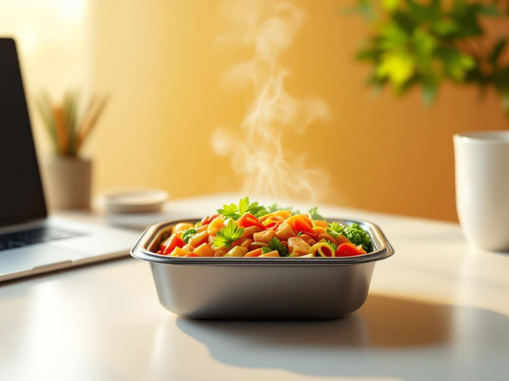 gezonde-magnetron-maaltijd-kantoor-productiviteit.jpg Magnetronmaaltijd met stoom op modern bureau naast laptop en koffiekop, gezonde Aziatische groenten en eiwitten zichtbaar