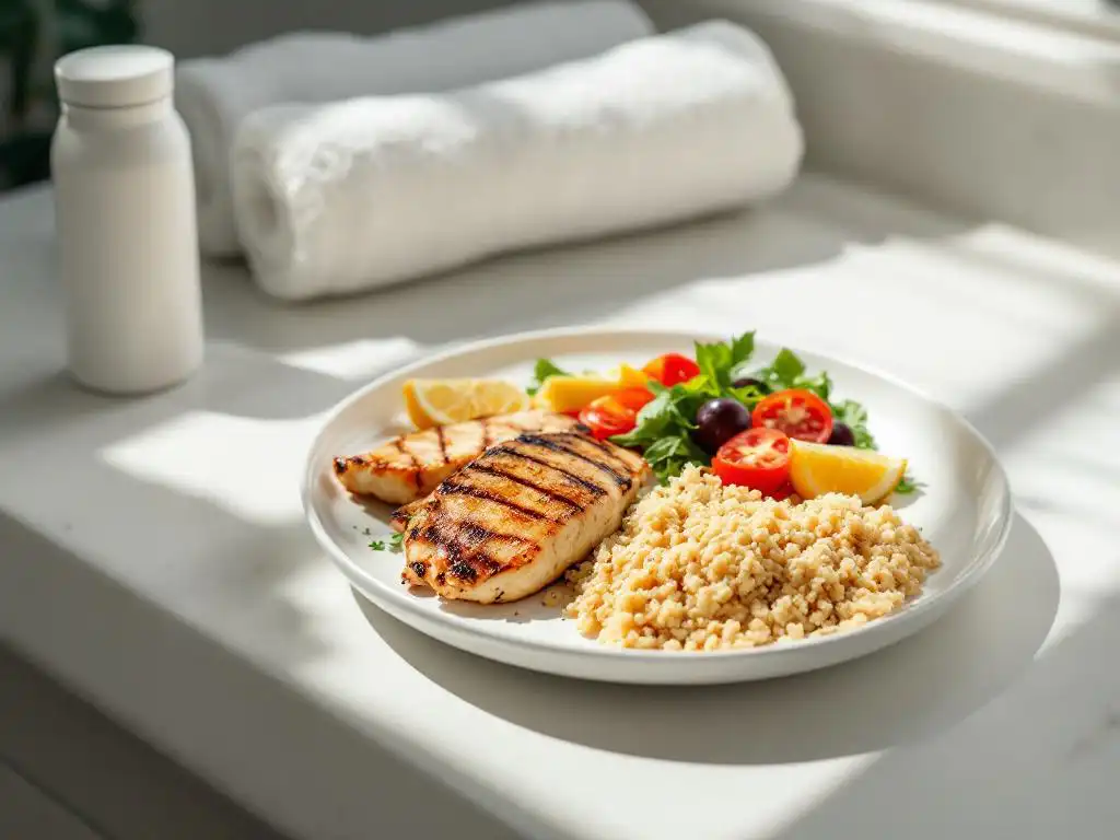 Gezonde post-workout maaltijd met gegrilde kip, quinoa en groenten op wit bord naast waterfles in sportschool