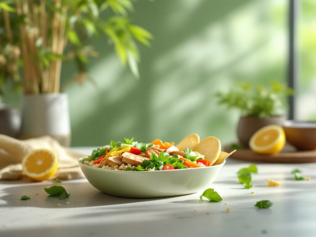 Een stijlvolle maaltijd met kip, quinoa en groenten in een moderne sportschool, omringd door subtiele oosterse elementen en zachte, natuurlijke verlichting. Een moderne sportschool met een kleurrijke maaltijd van kip, quinoa en groenten in een stijlvolle container, subtiele oosterse accenten.