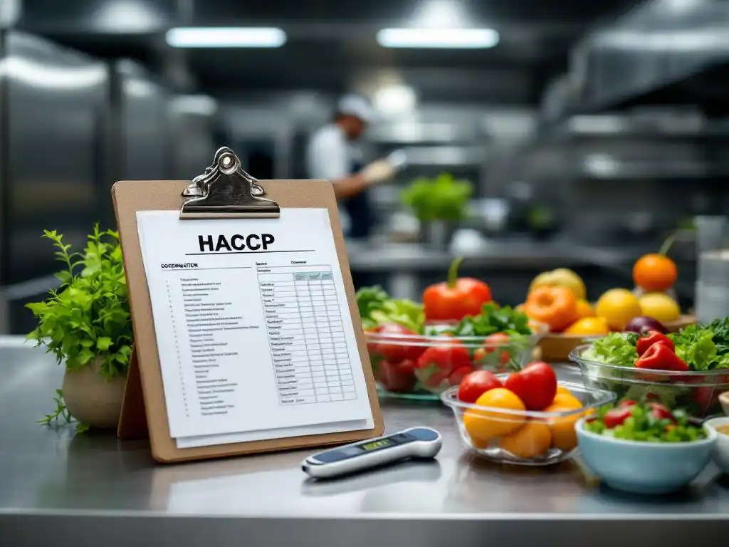 HACCP-documentatie op klembord naast verse ingrediënten en gezonde maaltijden in professionele roestvrijstalen keuken