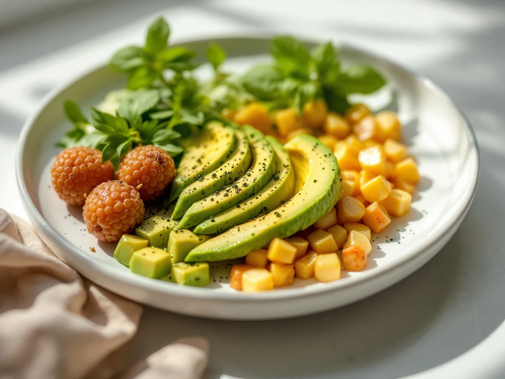 koolhydraatarm-ontbijt-avocado-roerei-gezond.jpg Wit bord met koolhydraatarm ontbijt: gouden roerei, avocadoplakjes en verse kruiden in natuurlijk ochtendlicht