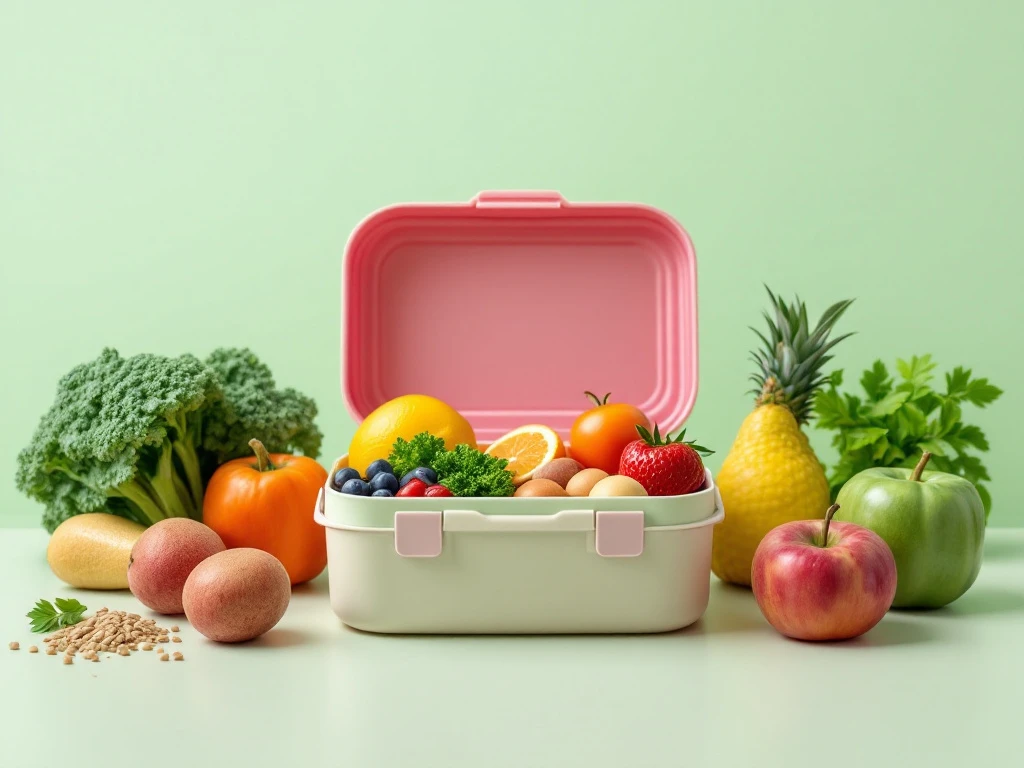 gezonde-lunchbox-tijdsbesparing-voedingshacks-maaltijdprep.jpg Kleurrijke lunchbox met gezonde voeding in georganiseerde vakjes, omringd door gestileerde groenten en fruit. Een klok-silhouet symboliseert tijdsbesparing voor snelle, gezonde maaltijden.