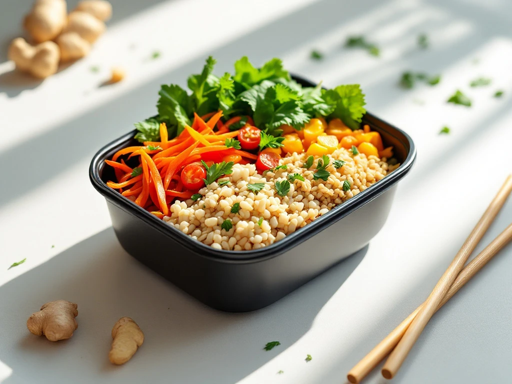 Moderne maaltijdcontainer met kleurrijke Aziatische groenten, mager eiwit en granen op witte ondergrond met eetstokjes