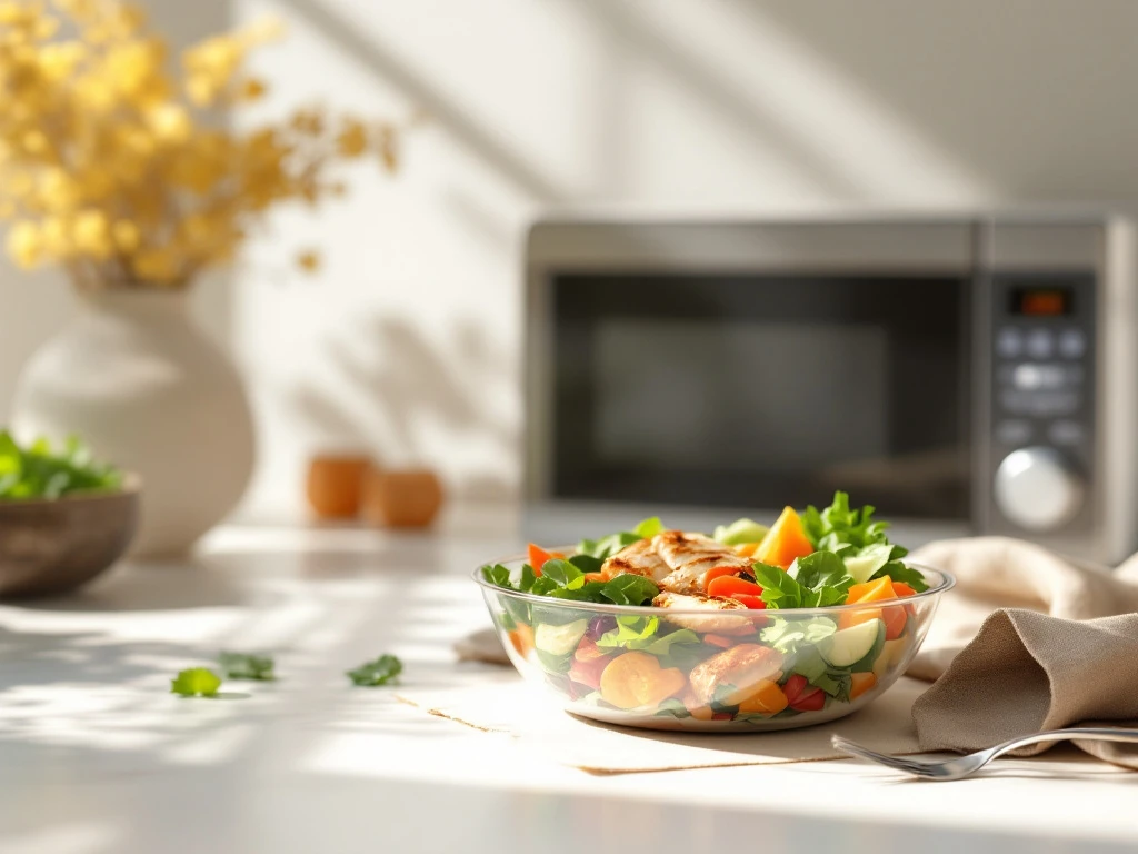 koolhydraatarme-maaltijd-magnetron-container-gezond.jpg Magnetronveilige container met gegrilde kip, verse groenten en bladgroenten naast moderne magnetron op wit oppervlak