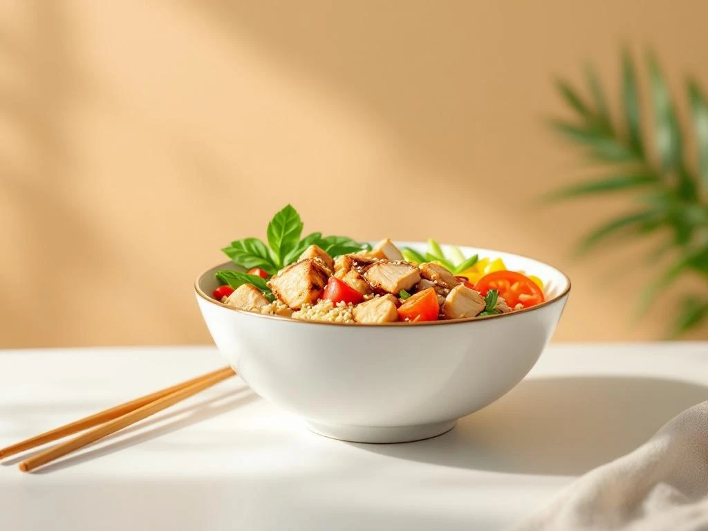 Aziatische kom met quinoa, gegrilde kip, groenten en sesamzaad op witte ondergrond met houten eetstokjes