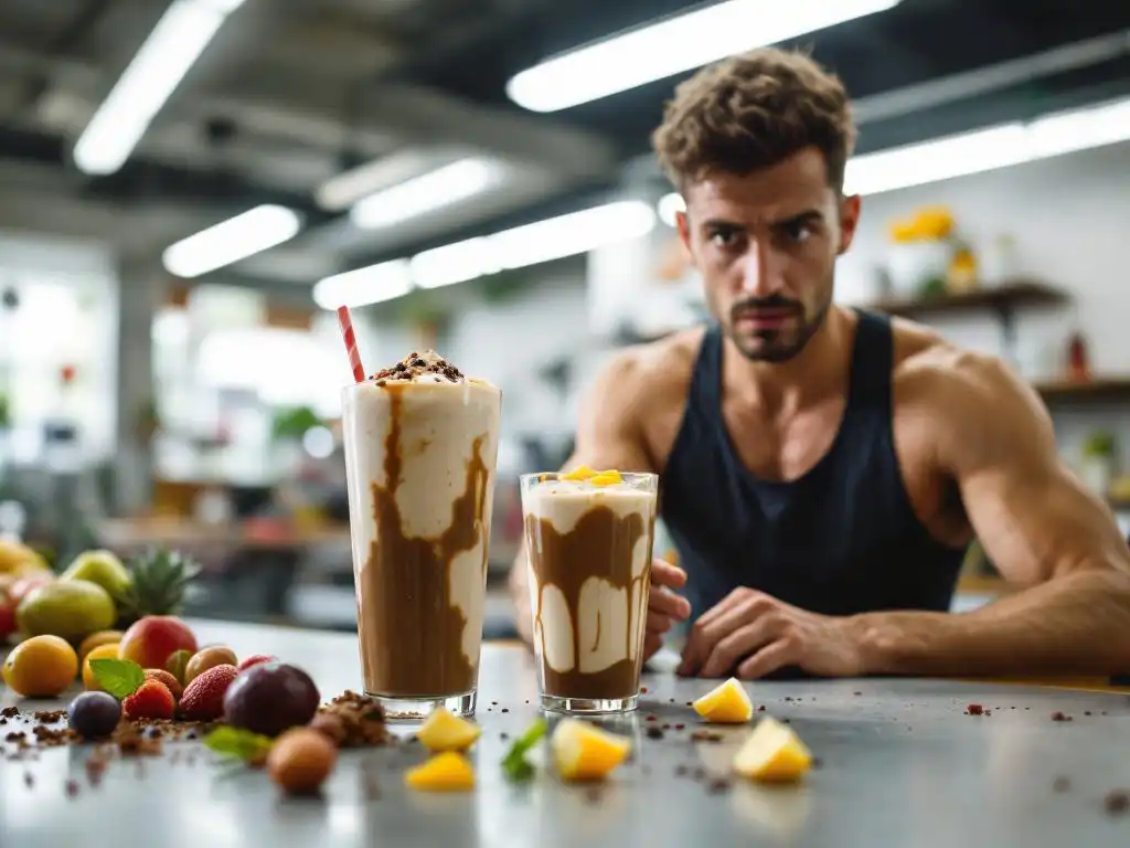 Fitness trainer bekijkt gescheiden eiwitshake met bruine kleur aan smoothiebar, overrijpe vruchten op toonbank