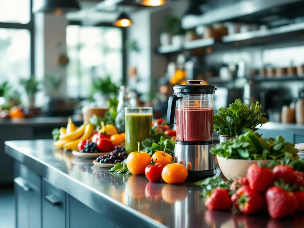 Moderne gym smoothiebar met verse groenten, fruit en gezonde maaltijden op roestvrijstalen aanrecht