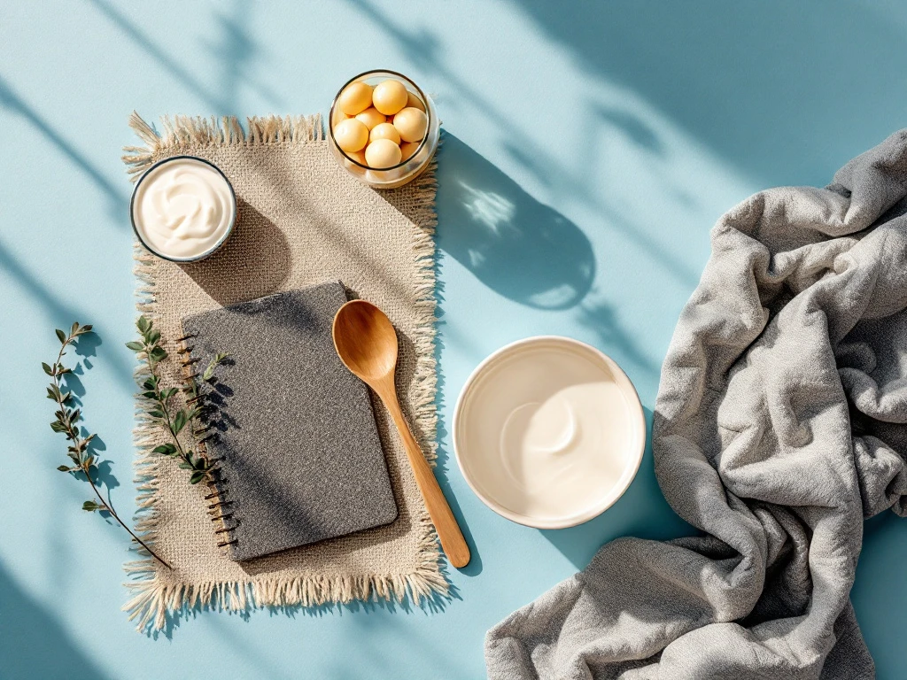 herstel-voeding-sportfiguur-rust-gezond.jpg Vermoeide sporter in silhouet rust op mat naast dienblad met eiwitrijke yoghurt, kleurrijke bessen, drank en noten tegen rustgevende lichtblauwe achtergrond.