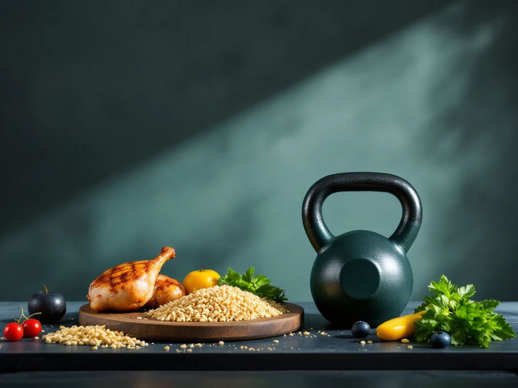 gezonde-sportmaaltijd-kettlebell-krachttraining-voeding.jpg Evenwichtige sportmaaltijd met bruine rijst, gegrilde kip en groenten naast een kettlebell, met fitnessapparatuur silhouetten op de achtergrond.