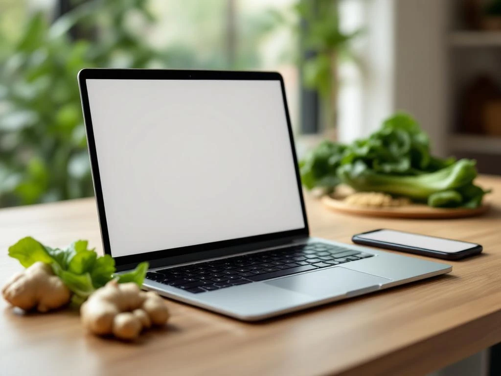 Laptop met coaching-interface op houten bureau naast verse Aziatische ingrediënten zoals gember, paksoi en quinoa
