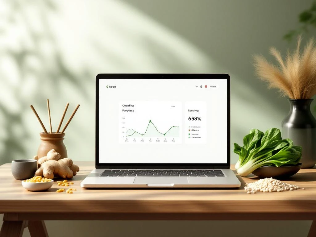 Laptop met coaching-interface en voortgangsgrafieken op houten bureau naast verse Aziatische ingrediënten zoals gember en bok choy
